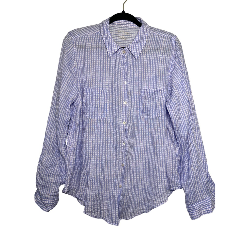 Lilly Pulitzer Sea View 100%‎ Linen Plaid Button Down Shirt Women's Size Large